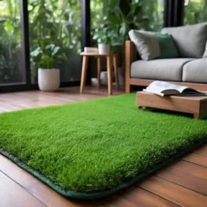 Green shag rug on a wooden flooring in a living room with a couch plants and a side table